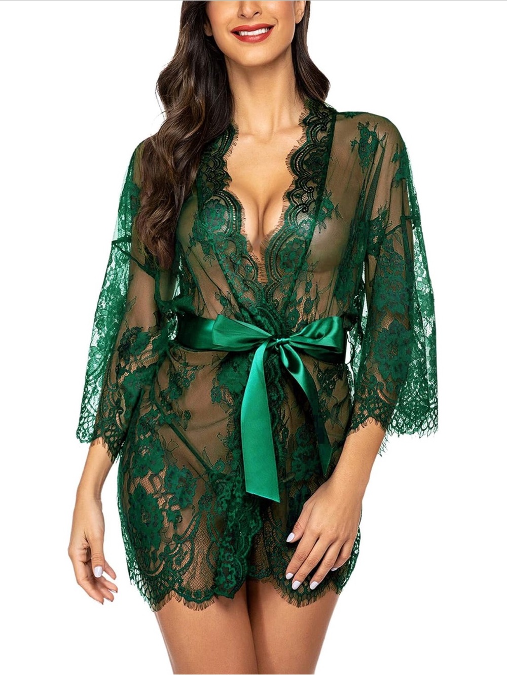 Sheer Lace Robe with Satin Tie - Dark Green